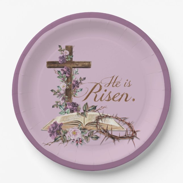 He is Risen Floral Cross with Bible  Paper Plate (Front)