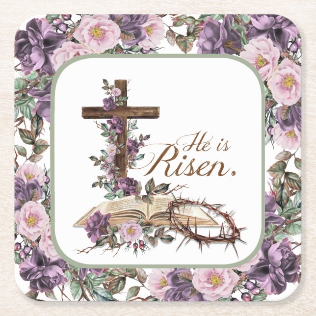 He is Risen Floral Cross with Bible Square Paper Coaster (Front)