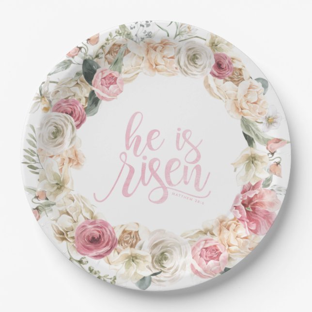 He is Risen | Floral Easter Paper Plates (Front)
