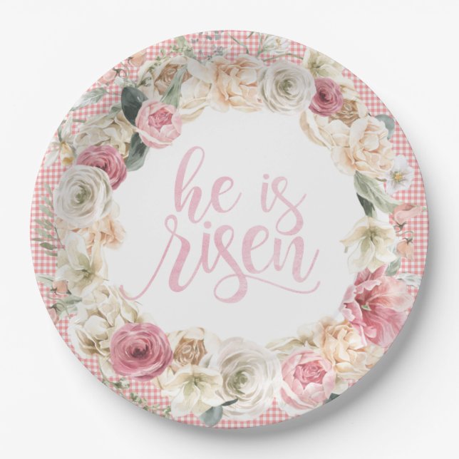 He is Risen | Floral Easter Paper Plates (Front)