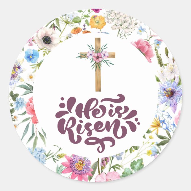 He is Risen | Floral Easter | Religious   Classic Round Sticker (Front)