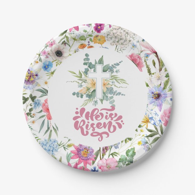 He is Risen | Floral Easter | Religious  Paper Plate (Front)