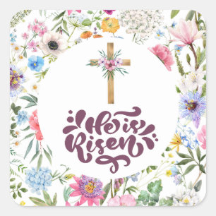 He is Risen Floral Easter Religious Square Sticker