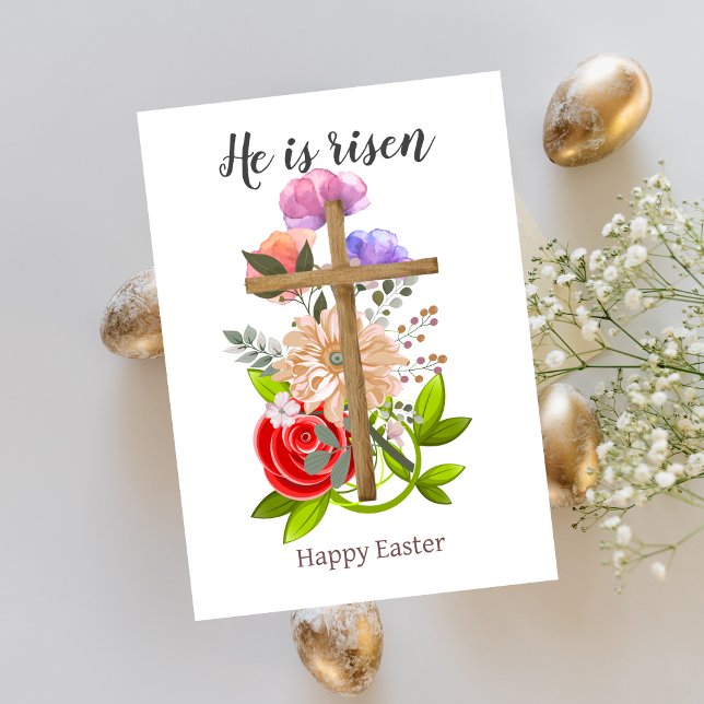 He is risen, floral wood Easter cross, Religious Holiday Card (Creator Uploaded)