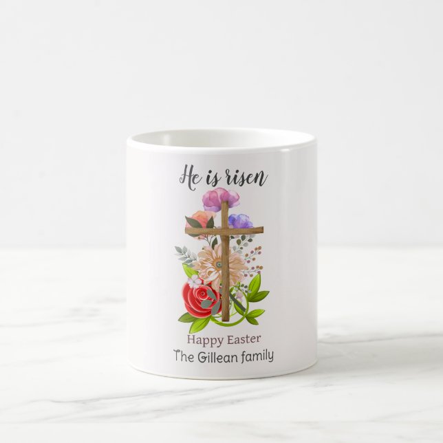 He is risen, floral wood Easter family, Religious  Coffee Mug (Center)