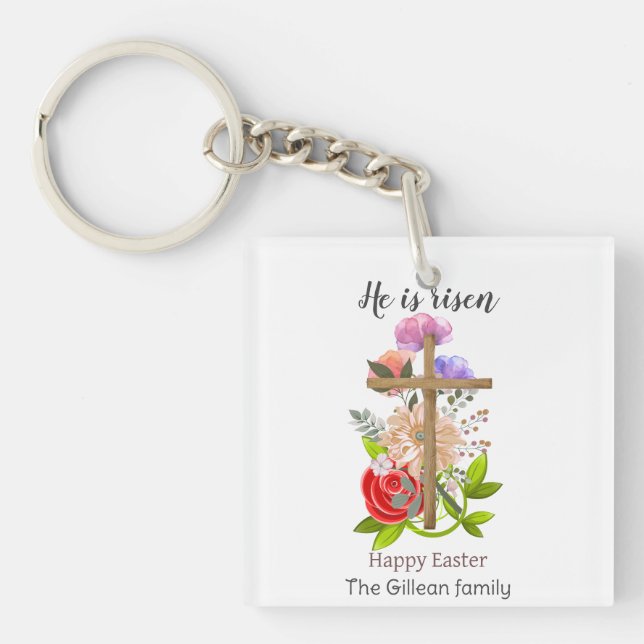 He is risen, floral wood Easter family, Religious  Key Ring (Front)