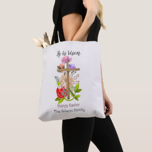 He is risen, floral wood Easter family, Religious Tote Bag