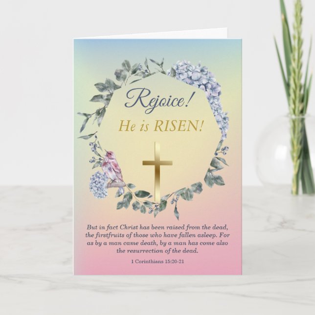 He Is Risen Gold Cross Easter Floral Wreath Card (Front)