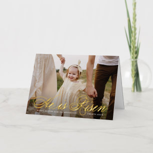 He is Risen Gold Foil Script Photo Easter Card