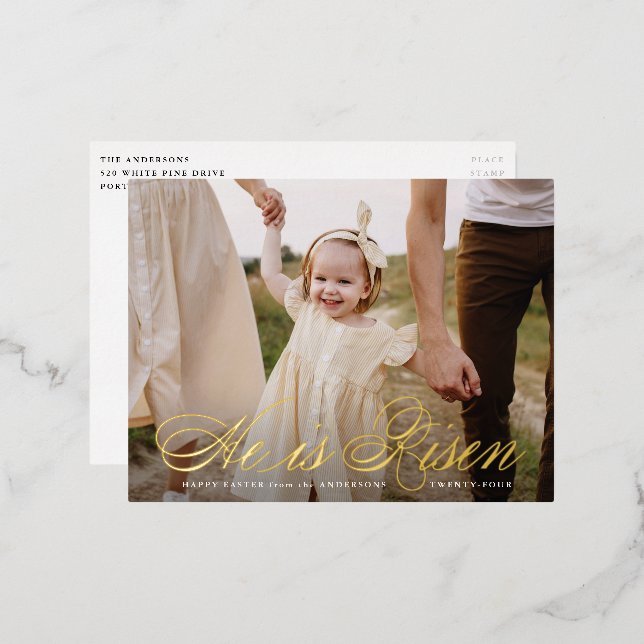 He is Risen Gold Foil Script Photo Easter Postcard (Front/Back)