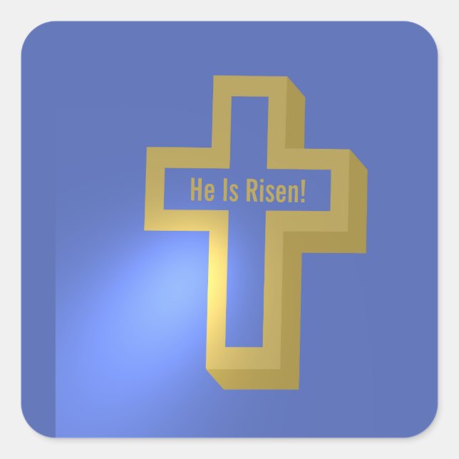  He is Risen Gold Lit Christian Cross Blue Easter Square Sticker (Front)