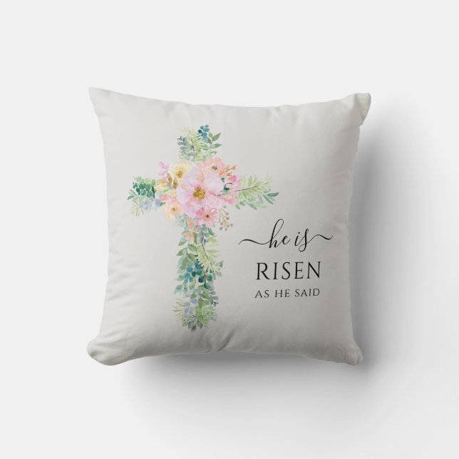 He is Risen Greenery Watercolor Cross Easter Cushion (Front)