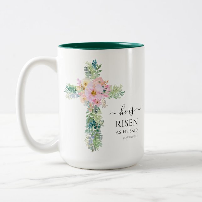 He is Risen Greenery Watercolor Cross Easter Mug (Left)