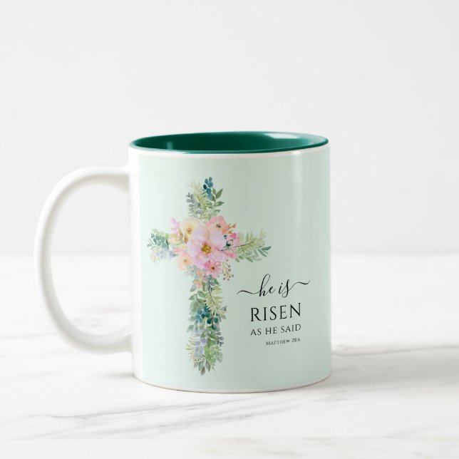 He is Risen Greenery Watercolor Cross Easter Mug (Left)