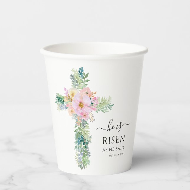 He is Risen Greenery Watercolor Cross Easter Paper Cups (Front)
