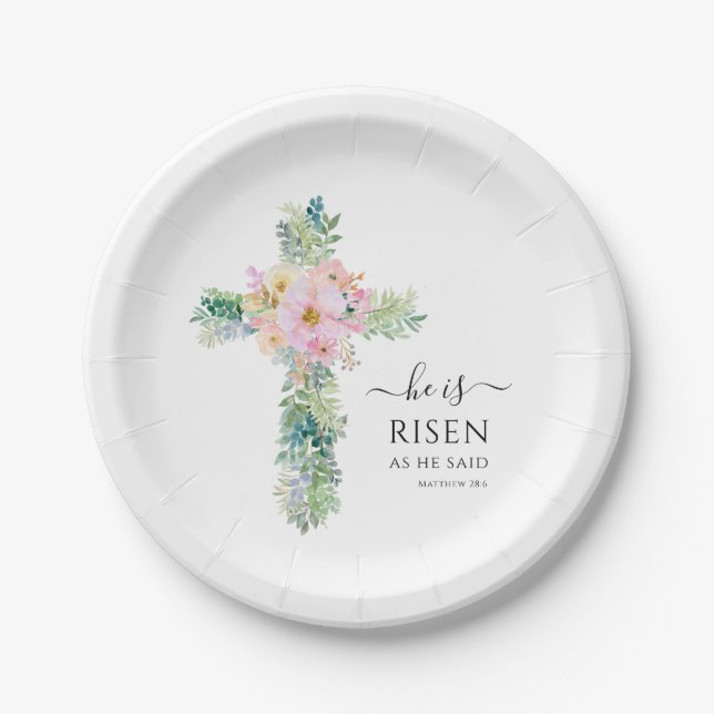He is Risen Greenery Watercolor Cross Easter  Paper Plate (Front)