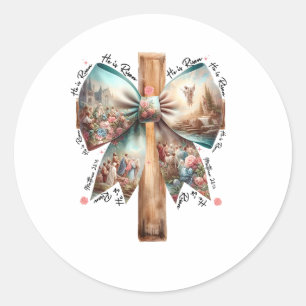 He Is Risen Jesus Coquette Bow Easter Cross Women Classic Round Sticker