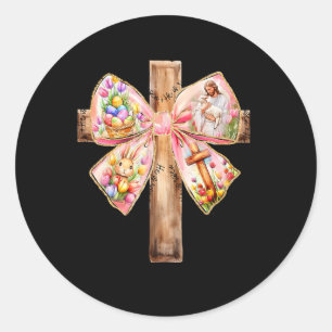 He Is Risen Jesus Coquette Bow Easter Cross Women  Classic Round Sticker