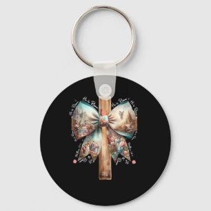 He Is Risen Jesus Coquette Bow Easter Cross Women Key Ring