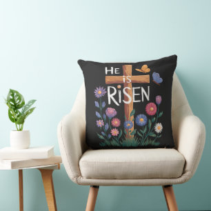 He Is Risen Jesus Floral Christian Easter Cushion