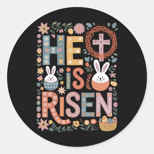 He is Risen Jesus Floral Cute Easter Bunny Rabbit Classic Round Sticker (Front)