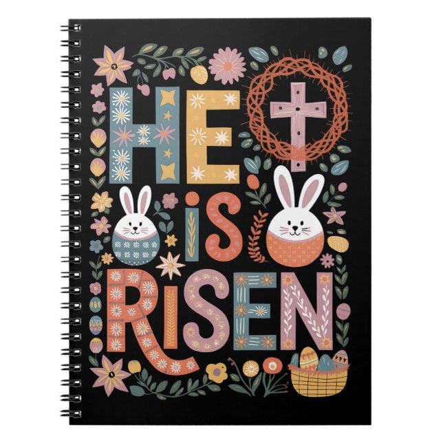 He is Risen Jesus Floral Cute Easter Bunny Rabbit Notebook (Front)