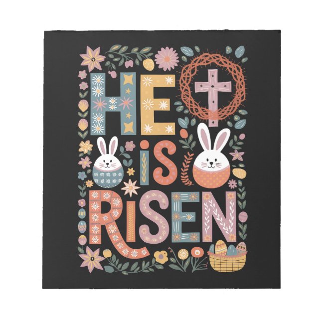 He is Risen Jesus Floral Cute Easter Bunny Rabbit Notepad (Front)