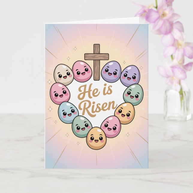 He Is Risen Kawaii Easter Card Cute Christian  (Orchid)