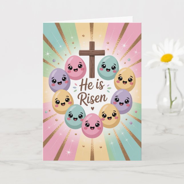 He Is Risen Kawaii Easter Card Cute Religious  (Small Plant)