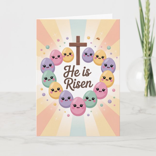 He Is Risen Kawaii Easter Card Cute Religious  (Front)