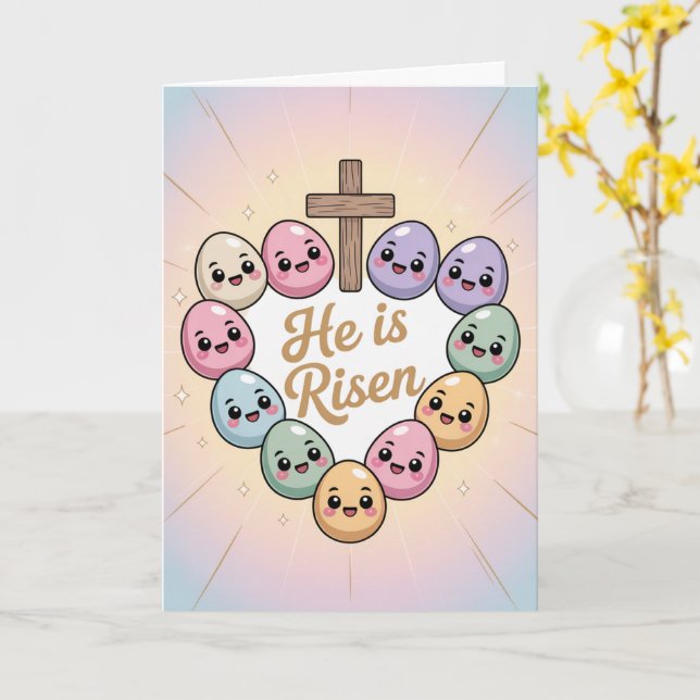 He Is Risen Kawaii Egg Heart Style Easter Card (Yellow Flower)
