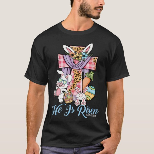 He is Risen Kids Leopard Cross Bunny Happy Easter  T-Shirt (Front)