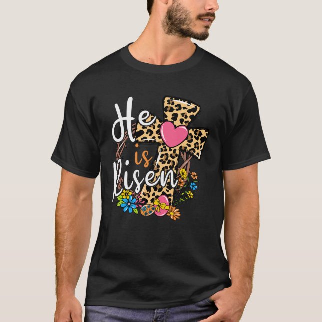 He is Risen Leopard Cross Bunny Happy Easter 2023  T-Shirt (Front)