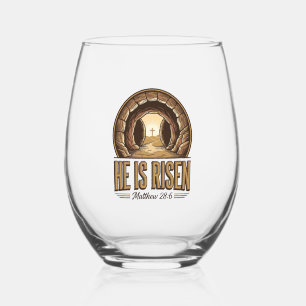 He Is Risen Matthew 28 6 Vintage Christian Design_ Stemless Wine Glass
