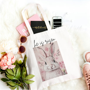 "He is Risen" Pink Bunny with Flower Tote Bag