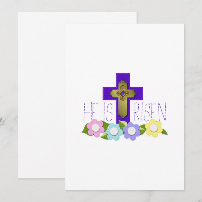 He Is Risen Purple Cross Easter Holiday Card (Front/Back)