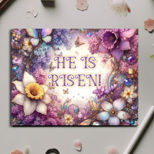 He Is Risen Purple Floral Butterflies Easter  Holiday Postcard
