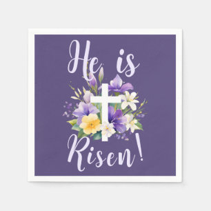 "He is Risen!" Purple Floral Religious Easter  Napkin