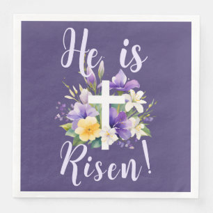 "He is Risen!" Purple Floral Religious Easter Napkin
