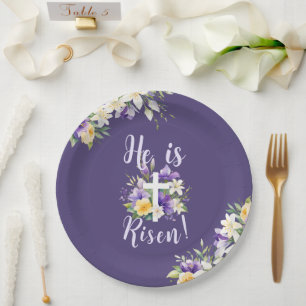  "He is Risen!" Purple Floral Religious Easter  Paper Plate