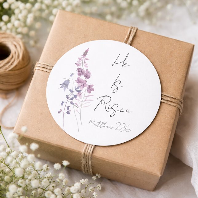 He is Risen Purple Floral Script Religious Easter  Classic Round Sticker (Creator Uploaded)