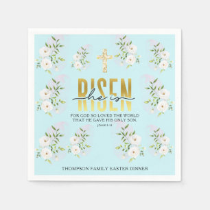 He Is Risen Religious Christian Quote Blue Easter Napkin