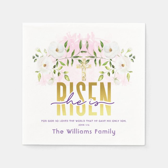 He Is Risen Religious Christian Quote Easter Napkin (Front)