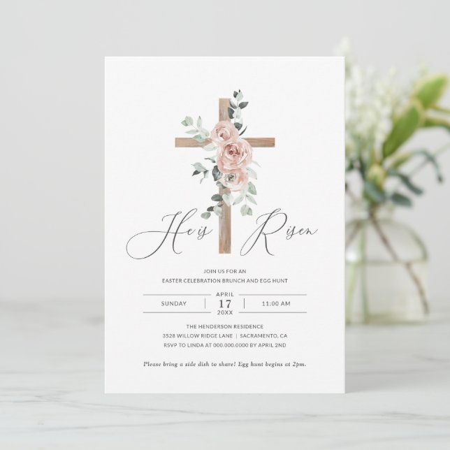 He is Risen Religious Easter Brunch Egg Hunt Invitation (Standing Front)