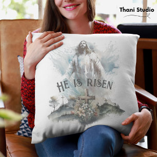 He is Risen Religious Easter Christian Cross Cushion