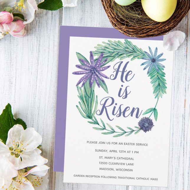 He is Risen Religious Easter Church Purple Floral Invitation (Creator Uploaded)