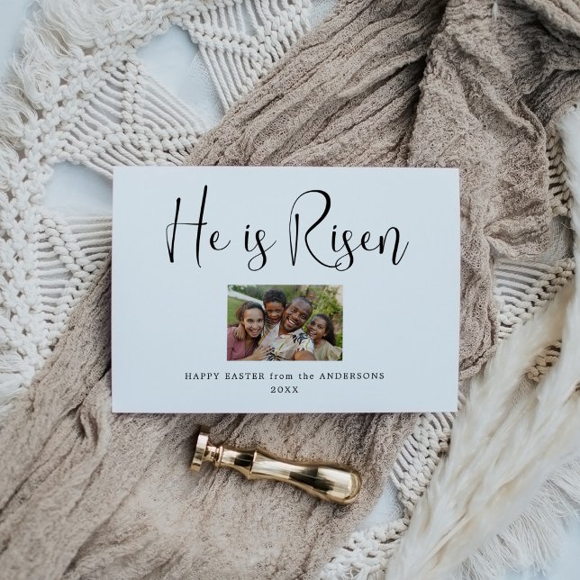 He Is Risen Script Modern Photo Easter Card  (Creator Uploaded)