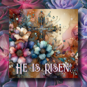 He Is Risen Scripture Floral Watercolor Cross Tile