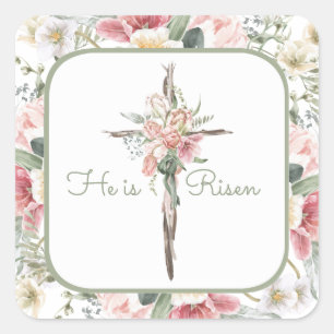 He is Risen Spring Floral Cross Square Sticker