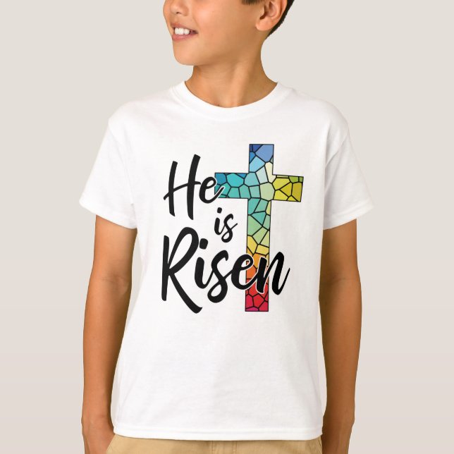 He Is Risen, Stained Glass Cross - GraphicLoveShop T-Shirt (Front)